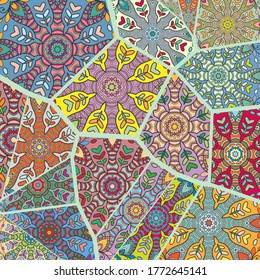 Vector patchwork quilt pattern. Vintage decorative collage. Hand drawn background. Indian, Arabic, Turkish motifs for printing on fabric or paper. Abstract colorful doodle pattern in mosaic style