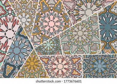 Vector patchwork quilt pattern. Vintage decorative collage. Hand drawn background. Indian, Arabic, Turkish motifs for printing on fabric or paper. Abstract colorful doodle pattern in mosaic style