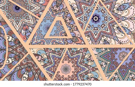 Vector patchwork quilt pattern. Vintage decorative collage. Hand drawn background. Indian, Arabic, Turkish motifs for printing on fabric or paper. Abstract colorful doodle pattern in mosaic style