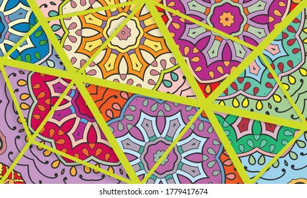 Vector patchwork quilt pattern. Vintage decorative collage. Hand drawn background. Indian, Arabic, Turkish motifs for printing on fabric or paper. Abstract colorful doodle pattern in mosaic style