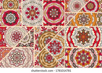 Vector patchwork quilt pattern. Vintage decorative collage. Hand drawn background. Indian, Arabic, Turkish motifs for printing on fabric or paper. Abstract colorful doodle pattern in mosaic style