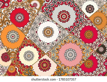 Vector patchwork quilt pattern. Vintage decorative collage. Hand drawn background. Indian, Arabic, Turkish motifs for printing on fabric or paper. Abstract colorful doodle pattern in mosaic style