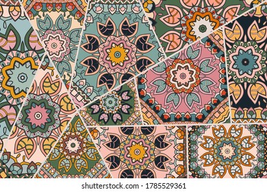 Vector patchwork quilt pattern. Vintage decorative collage. Hand drawn background. Indian, Arabic, Turkish motifs for printing on fabric or paper. Abstract colorful doodle pattern in mosaic style