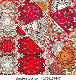 Vector patchwork quilt pattern. Vintage decorative collage. Hand drawn background. Indian, Arabic, Turkish motifs for printing on fabric or paper. Abstract colorful doodle pattern in mosaic style