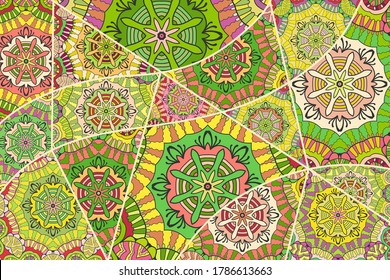 Vector patchwork quilt pattern. Vintage decorative collage. Hand drawn background. Indian, Arabic, Turkish motifs for printing on fabric or paper. Abstract colorful doodle pattern in mosaic style