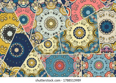Vector patchwork quilt pattern. Vintage decorative collage. Hand drawn background. Indian, Arabic, Turkish motifs for printing on fabric or paper. Abstract colorful doodle pattern in mosaic style