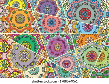 Vector patchwork quilt pattern. Vintage decorative collage. Hand drawn background. Indian, Arabic, Turkish motifs for printing on fabric or paper. Abstract colorful doodle pattern in mosaic style