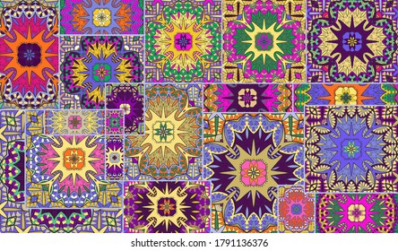 Vector patchwork quilt pattern. Vintage decorative collage. Hand drawn background. Indian, Arabic, Turkish motifs for printing on fabric or paper. Abstract colorful doodle pattern in mosaic style