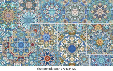 Vector patchwork quilt pattern. Vintage decorative collage. Hand drawn background. Indian, Arabic, Turkish motifs for printing on fabric or paper. Abstract colorful doodle pattern in mosaic style
