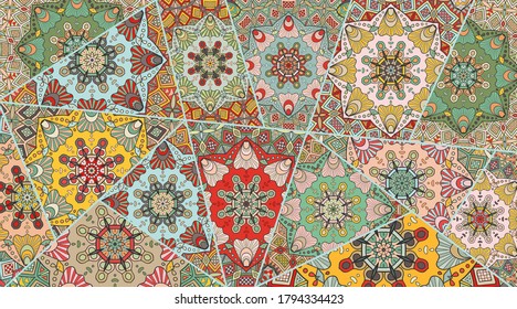 Vector patchwork quilt pattern. Vintage decorative collage. Hand drawn background. Indian, Arabic, Turkish motifs for printing on fabric or paper. Abstract colorful doodle pattern in mosaic style