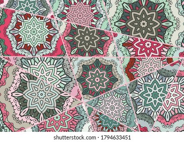 Vector patchwork quilt pattern. Vintage decorative collage. Hand drawn background. Indian, Arabic, Turkish motifs for printing on fabric or paper. Abstract colorful doodle pattern in mosaic style