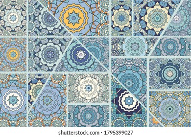 Vector patchwork quilt pattern. Vintage decorative collage. Hand drawn background. Indian, Arabic, Turkish motifs for printing on fabric or paper. Abstract colorful doodle pattern in mosaic style