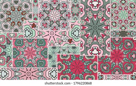 Vector patchwork quilt pattern. Vintage decorative collage. Hand drawn background. Indian, Arabic, Turkish motifs for printing on fabric or paper. Abstract colorful doodle pattern in mosaic style
