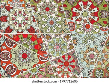 Vector patchwork quilt pattern. Vintage decorative collage. Hand drawn background. Indian, Arabic, Turkish motifs for printing on fabric or paper. Abstract colorful doodle pattern in mosaic style