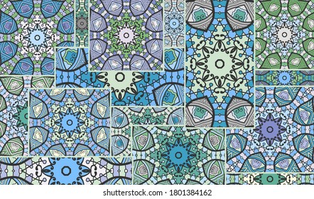 Vector patchwork quilt pattern. Vintage decorative collage. Hand drawn background. Indian, Arabic, Turkish motifs for printing on fabric or paper. Abstract colorful doodle pattern in mosaic style