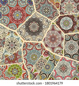 Vector patchwork quilt pattern. Vintage decorative collage. Hand drawn background. Indian, Arabic, Turkish motifs for printing on fabric or paper. Abstract colorful doodle pattern in mosaic style