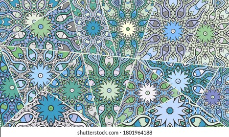 Vector patchwork quilt pattern. Vintage decorative collage. Hand drawn background. Indian, Arabic, Turkish motifs for printing on fabric or paper. Abstract colorful doodle pattern in mosaic style