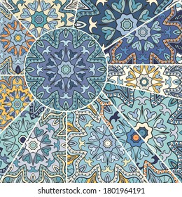 Vector patchwork quilt pattern. Vintage decorative collage. Hand drawn background. Indian, Arabic, Turkish motifs for printing on fabric or paper. Abstract colorful doodle pattern in mosaic style