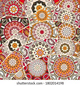 Vector patchwork quilt pattern. Vintage decorative collage. Hand drawn background. Indian, Arabic, Turkish motifs for printing on fabric or paper. Abstract colorful doodle pattern in mosaic style