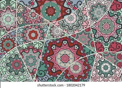 Vector patchwork quilt pattern. Vintage decorative collage. Hand drawn background. Indian, Arabic, Turkish motifs for printing on fabric or paper. Abstract colorful doodle pattern in mosaic style