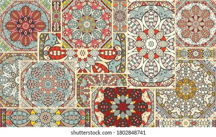 Vector patchwork quilt pattern. Vintage decorative collage. Hand drawn background. Indian, Arabic, Turkish motifs for printing on fabric or paper. Abstract colorful doodle pattern in mosaic style