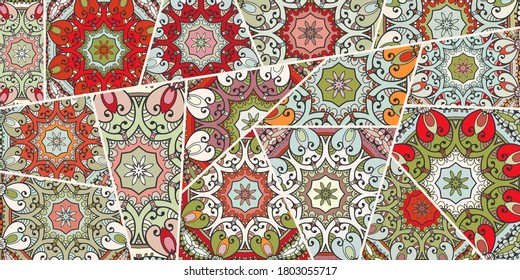 Vector patchwork quilt pattern. Vintage decorative collage. Hand drawn background. Indian, Arabic, Turkish motifs for printing on fabric or paper. Abstract colorful doodle pattern in mosaic style