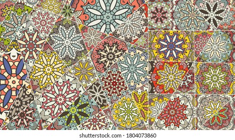 Vector patchwork quilt pattern. Vintage decorative collage. Hand drawn background. Indian, Arabic, Turkish motifs for printing on fabric or paper. Abstract colorful doodle pattern in mosaic style