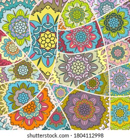 Vector patchwork quilt pattern. Vintage decorative collage. Hand drawn background. Indian, Arabic, Turkish motifs for printing on fabric or paper. Abstract colorful doodle pattern in mosaic style
