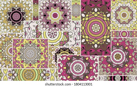 Vector patchwork quilt pattern. Vintage decorative collage. Hand drawn background. Indian, Arabic, Turkish motifs for printing on fabric or paper. Abstract colorful doodle pattern in mosaic style