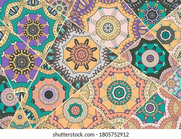 Vector patchwork quilt pattern. Vintage decorative collage. Hand drawn background. Indian, Arabic, Turkish motifs for printing on fabric or paper. Abstract colorful doodle pattern in mosaic style