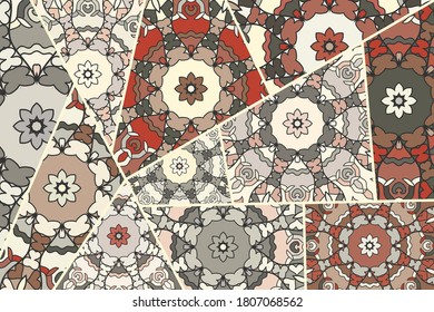 Vector patchwork quilt pattern. Vintage decorative collage. Hand drawn background. Indian, Arabic, Turkish motifs for printing on fabric or paper. Abstract colorful doodle pattern in mosaic style