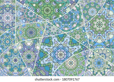 Vector patchwork quilt pattern. Vintage decorative collage. Hand drawn background. Indian, Arabic, Turkish motifs for printing on fabric or paper. Abstract colorful doodle pattern in mosaic style