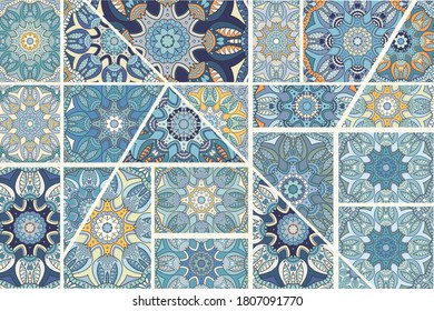 Vector patchwork quilt pattern. Vintage decorative collage. Hand drawn background. Indian, Arabic, Turkish motifs for printing on fabric or paper. Abstract colorful doodle pattern in mosaic style