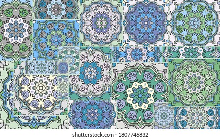 Vector patchwork quilt pattern. Vintage decorative collage. Hand drawn background. Indian, Arabic, Turkish motifs for printing on fabric or paper. Abstract colorful doodle pattern in mosaic style