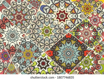 Vector patchwork quilt pattern. Vintage decorative collage. Hand drawn background. Indian, Arabic, Turkish motifs for printing on fabric or paper. Abstract colorful doodle pattern in mosaic style