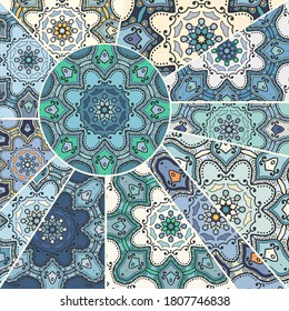 Vector patchwork quilt pattern. Vintage decorative collage. Hand drawn background. Indian, Arabic, Turkish motifs for printing on fabric or paper. Abstract colorful doodle pattern in mosaic style