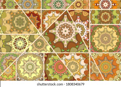 Vector patchwork quilt pattern. Vintage decorative collage. Hand drawn background. Indian, Arabic, Turkish motifs for printing on fabric or paper. Abstract colorful doodle pattern in mosaic style