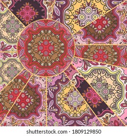 Vector patchwork quilt pattern. Vintage decorative collage. Hand drawn background. Indian, Arabic, Turkish motifs for printing on fabric or paper. Abstract colorful doodle pattern in mosaic style
