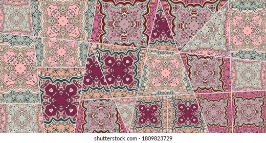 Vector patchwork quilt pattern. Vintage decorative collage. Hand drawn background. Indian, Arabic, Turkish motifs for printing on fabric or paper. Abstract colorful doodle pattern in mosaic style