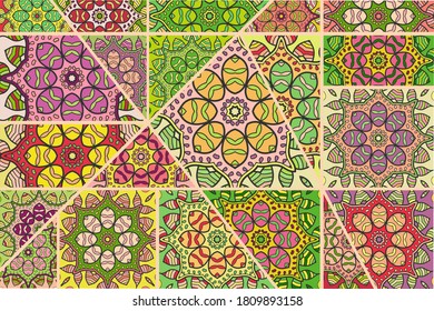 Vector patchwork quilt pattern. Vintage decorative collage. Hand drawn background. Indian, Arabic, Turkish motifs for printing on fabric or paper. Abstract colorful doodle pattern in mosaic style