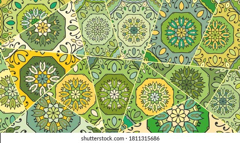 Vector patchwork quilt pattern. Vintage decorative collage. Hand drawn background. Indian, Arabic, Turkish motifs for printing on fabric or paper. Abstract colorful doodle pattern in mosaic style