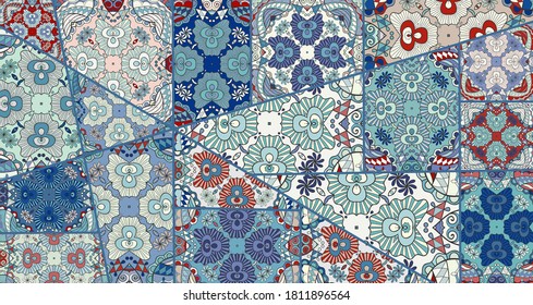 Vector patchwork quilt pattern. Vintage decorative collage. Hand drawn background. Indian, Arabic, Turkish motifs for printing on fabric or paper. Abstract colorful doodle pattern in mosaic style