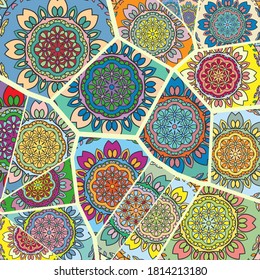Vector patchwork quilt pattern. Vintage decorative collage. Hand drawn background. Indian, Arabic, Turkish motifs for printing on fabric or paper. Abstract colorful doodle pattern in mosaic style