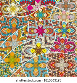 Vector patchwork quilt pattern. Vintage decorative collage. Hand drawn background. Indian, Arabic, Turkish motifs for printing on fabric or paper. Abstract colorful doodle pattern in mosaic style