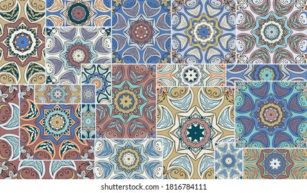 Vector patchwork quilt pattern. Vintage decorative collage. Hand drawn background. Indian, Arabic, Turkish motifs for printing on fabric or paper. Abstract colorful doodle pattern in mosaic style