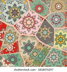 Vector patchwork quilt pattern. Vintage decorative collage. Hand drawn background. Indian, Arabic, Turkish motifs for printing on fabric or paper. Abstract colorful doodle pattern in mosaic style