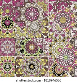 Vector patchwork quilt pattern. Vintage decorative collage. Hand drawn background. Indian, Arabic, Turkish motifs for printing on fabric or paper. Abstract colorful doodle pattern in mosaic style