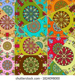 Vector patchwork quilt pattern. Vintage decorative collage. Hand drawn background. Indian, Arabic, Turkish motifs for printing on fabric or paper. Abstract colorful doodle pattern in mosaic style