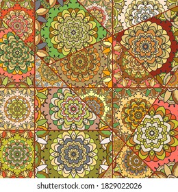 Vector patchwork quilt pattern. Vintage decorative collage. Hand drawn background. Indian, Arabic, Turkish motifs for printing on fabric or paper. Abstract colorful doodle pattern in mosaic style