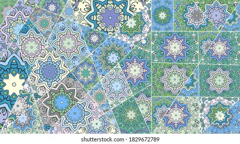 Vector patchwork quilt pattern. Vintage decorative collage. Hand drawn background. Indian, Arabic, Turkish motifs for printing on fabric or paper. Abstract colorful doodle pattern in mosaic style
